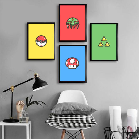 Quadro quadros com fundos coloridos e com a temática de Pokémon