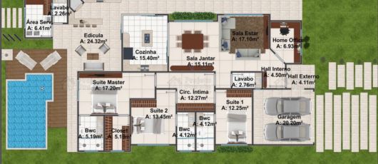 Plantas de casas com 3 quartos: com piscina