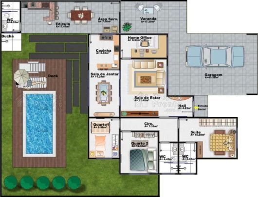 Plantas de casas com 3 quartos: com piscina