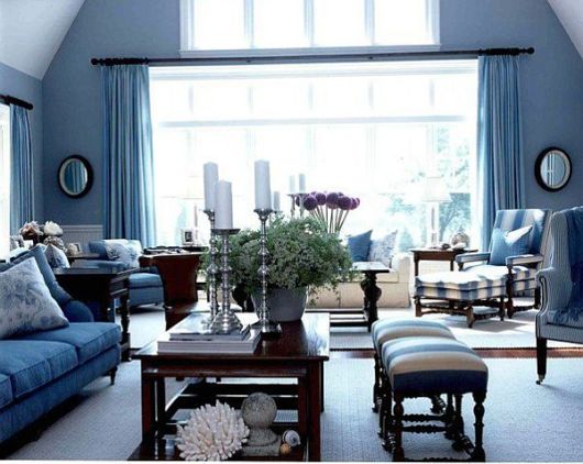 Cores para sala: sala azul com cortina azul