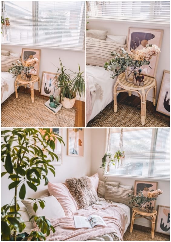 quarto decorado com quadros e plantas