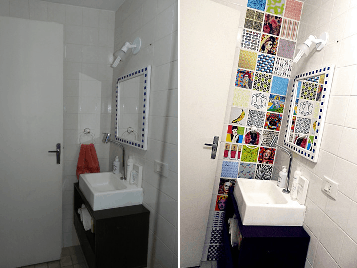 Pequeno banheiro reformado com azulejos