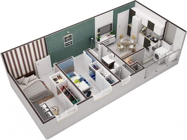 Planta 3D Kitnet 2 Dormitórios LI
