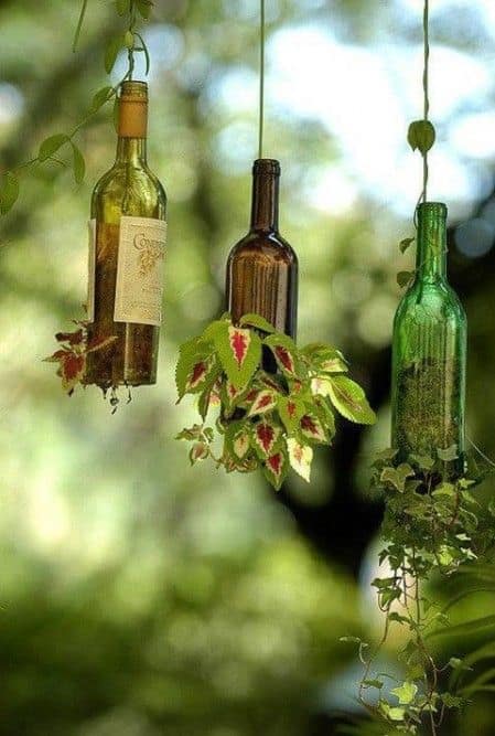 Suporte suspenso para planta feito com garrafa de vidro