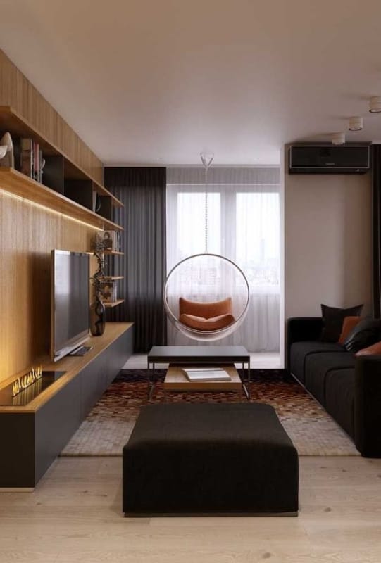 sala de estar moderna com poltrona suspensa em acrílico