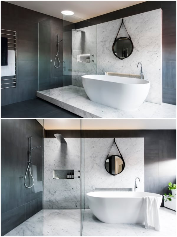 banheiro preto e branco marmorizado