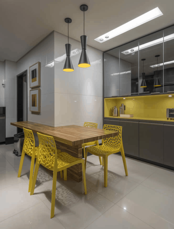 cozinha amarela e cinza com mesa