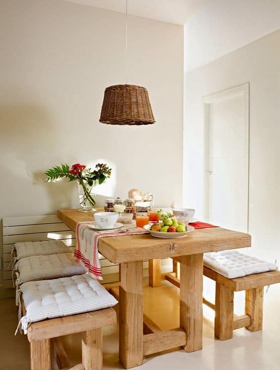 mesa de jantar rustica com bancos de madeira