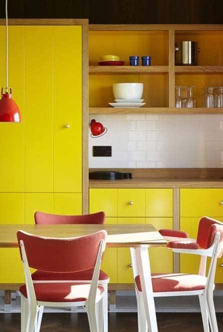 cozinha decorada em amarelo e vermelho