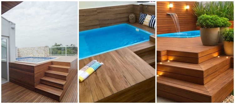 piscina elevada com deck de madeira