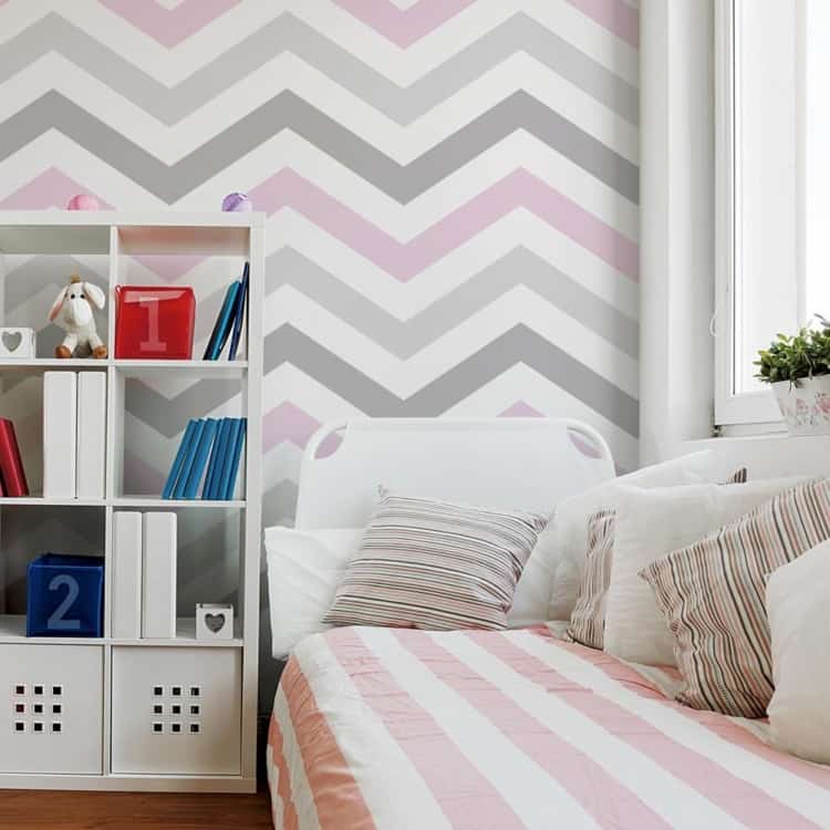 Modelo de quarto com mix de rosa e cinza