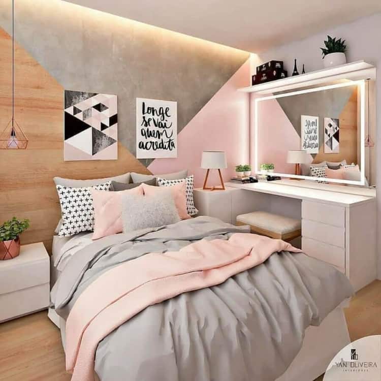 Obtenha a decoracao ideal com o mix rosa e cinza para o quarto