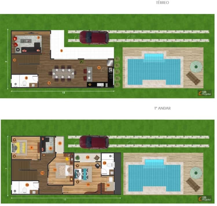 planta de sobrado com 3 dormitorios e piscina