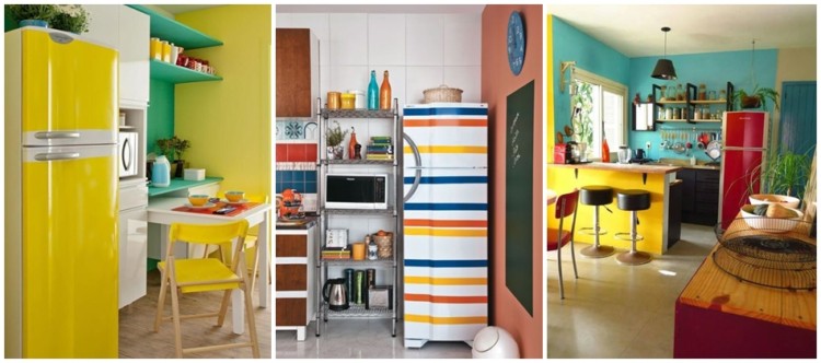 cozinha com geladeira colorida adesivada