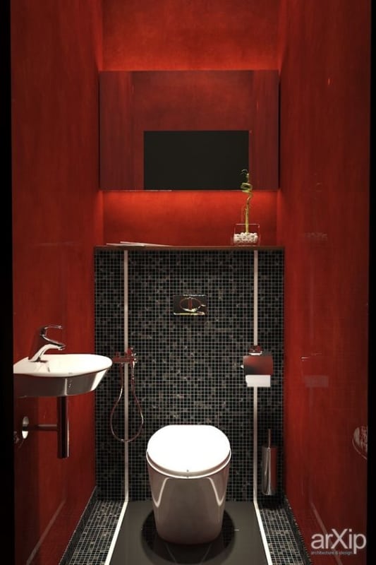 banheiro moderno e pequeno em vermelho e preto 1