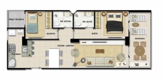 Plantas de casas pequenas: Com 2 quartos e cozinha americana