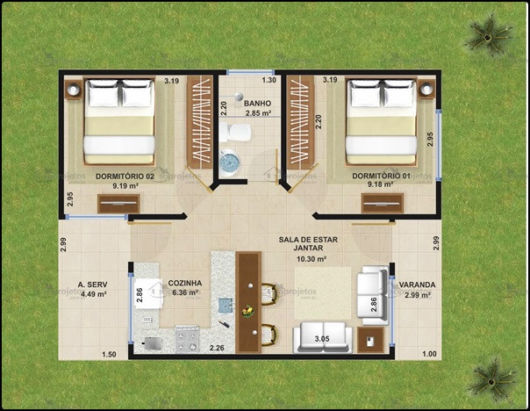 Plantas de casas pequenas: Com 2 quartos e cozinha americana