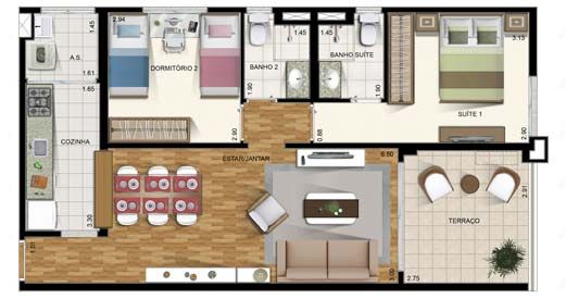 Plantas de casas pequenas: Com 2 quartos e cozinha americana