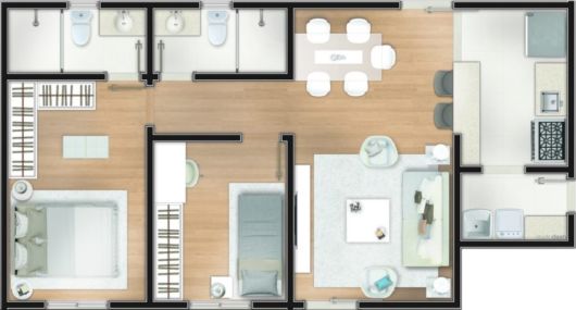 Plantas de casas pequenas: Com 2 quartos e cozinha americana