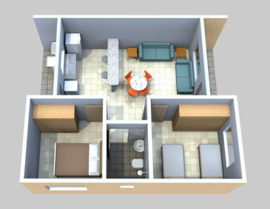 Plantas de casas pequenas: Com 2 quartos e cozinha americana