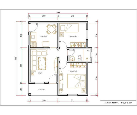 Plantas de casas pequenas: Com 2 quartos e varanda