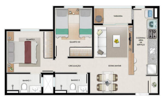Plantas de casas pequenas: Com 2 quartos e varanda