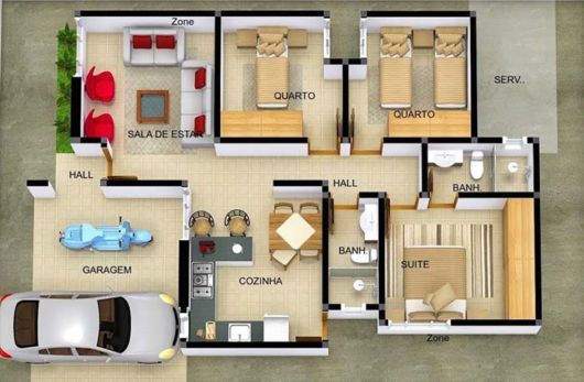 Plantas de casas pequenas: Com 3 quartos e cozinha americana