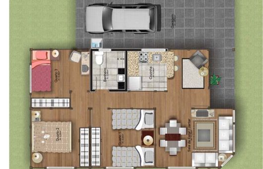 Plantas de casas pequenas: Com 3 quartos e cozinha americana