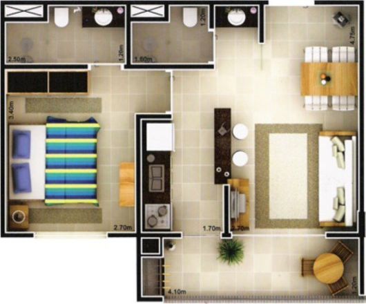 Plantas de casas pequenas: Com 1 quarto e cozinha americana