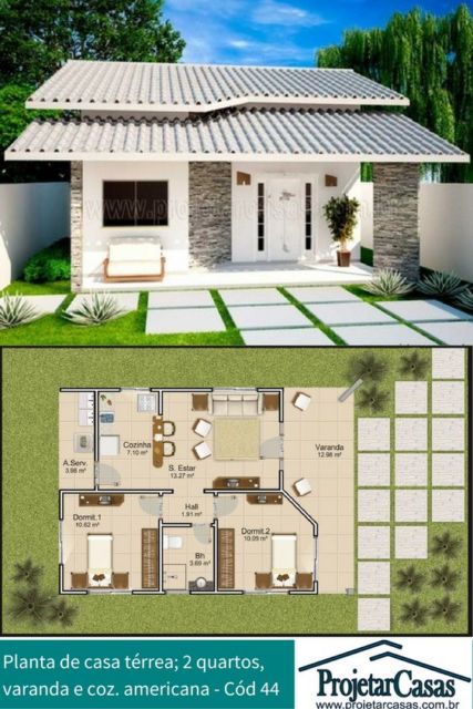 Plantas de casas pequenas: Com 1 quarto e cozinha americana