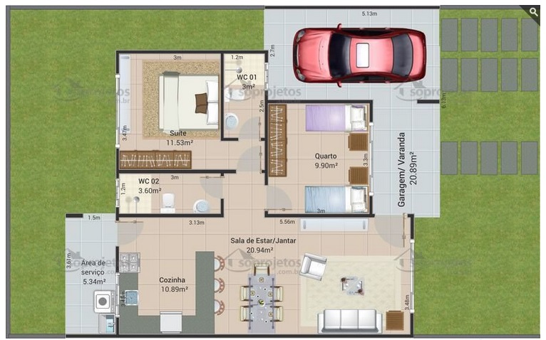 casa com garagem e 2 quartos