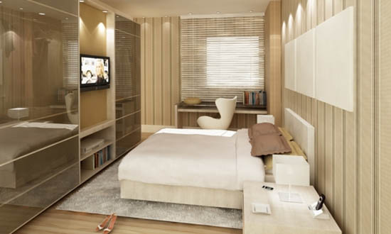 Apartamento pequeno decorado: Quarto decorado com tons de terra