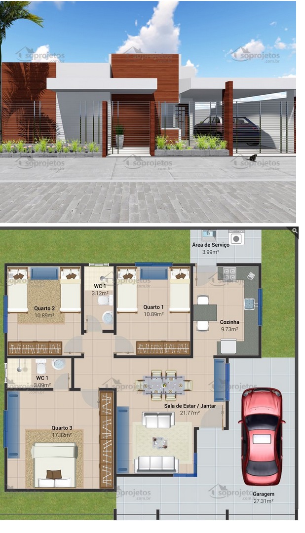 casa moderna com 3 quarto