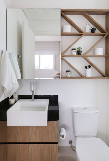 Decoração Minimalista: Banheiro com armário aberto