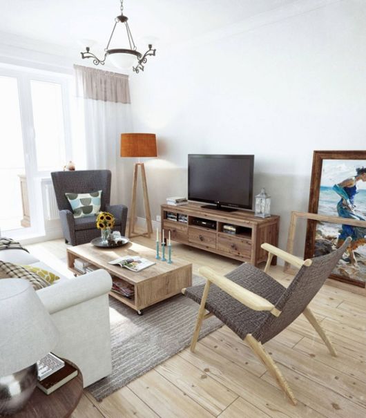 Decoração rústica: Sala com as cores cinza e branco