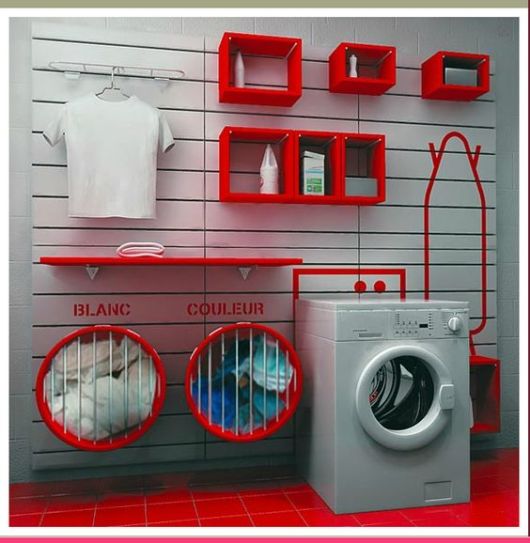 Lavanderia com parede branca, piso em azulejo, nichos e prateleira vermelho-vivos