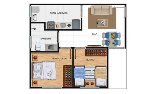 Plantas de Casas com 2 Quartos: Em L