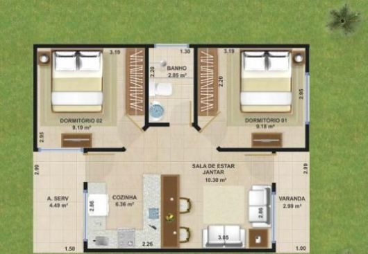 Plantas de Casas com 2 Quartos e cozinha americana