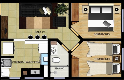 Plantas de Casas com 2 Quartos e cozinha americana