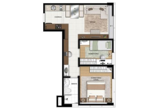 Plantas de Casas com 2 Quartos: Em L