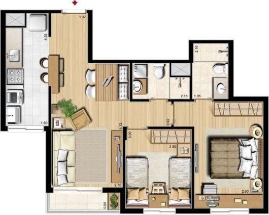 Plantas de Casas com 2 Quartos e cozinha americana