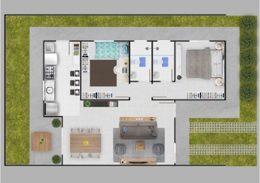 Plantas de Casas com 2 Quartos: Em L