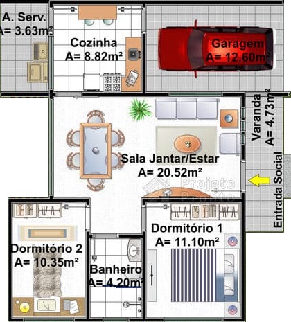 Plantas de Casas com 2 Quartos e garagem