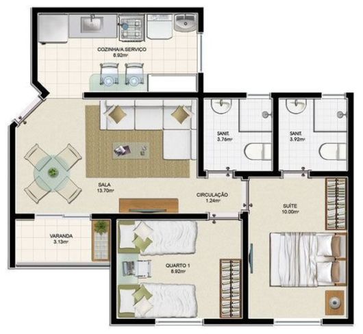 Plantas de Casas com 2 Quartos e suíte