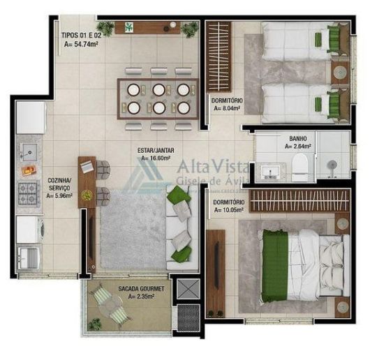 Plantas de Casas com 2 Quartos salas conjugadas