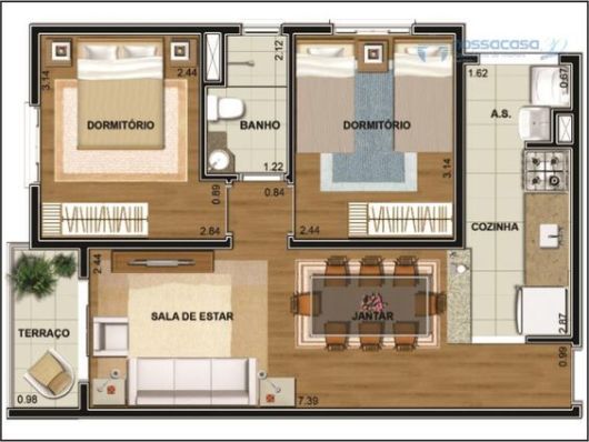 Plantas de Casas com 2 Quartos salas conjugadas