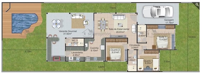 casa moderna com 3 quartos