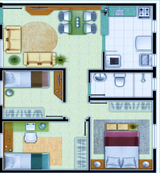 Casa popular com 3 dormitórios e sala compartilhada