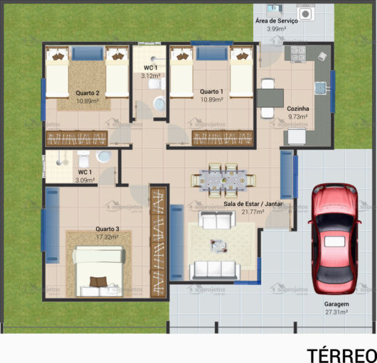 Planta de casa pequena e com 3 dormitórios