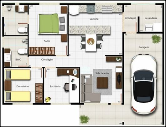 A planta para casa com 2 quartos pode englobar a garagem também